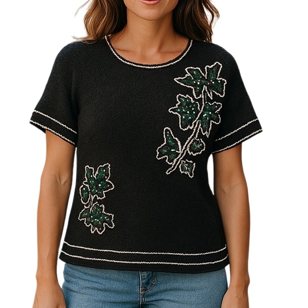 Black Beaded Top with Embellished Floral Design